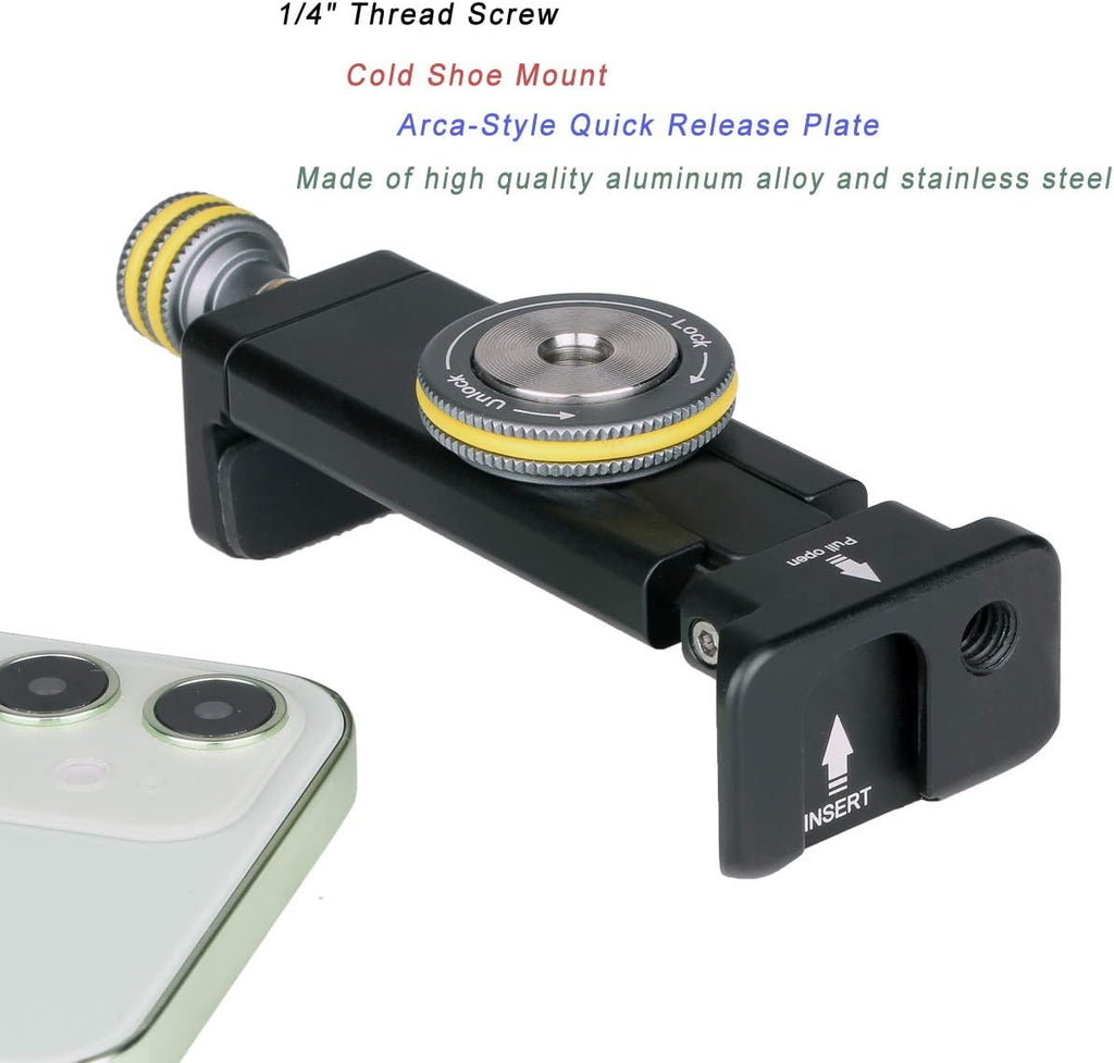 Phone Mount for Tripod, Smartphone Tripod Adapter for iPhone Samsung Cell Phone Stand Holder with Cold Shoe and Arca Swiss Quick Release Plate for iPhone 15 Pro Max Galaxy S24