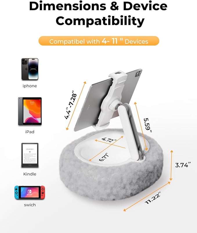 Kindle Pillow Stand – Soft Grey Fuzzy Tablet Holder with Storage Bowl, Hands-Free Lap Stand for Bed, Couch – Compatible with Kindle, iPad, Phones & E-Readers (Gray)