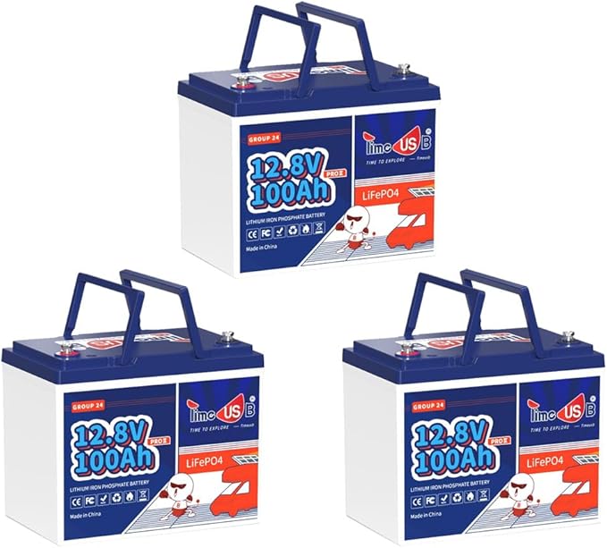 12V 100Ah Lithium Iron Phosphate Battery BCI Group 24, Timeusb LiFePO4 Battery Built-in 100A BMS, Up to 15000 Deep Cycles, Perfect for RV, Marine, Home Energy Storage (3 Pack)