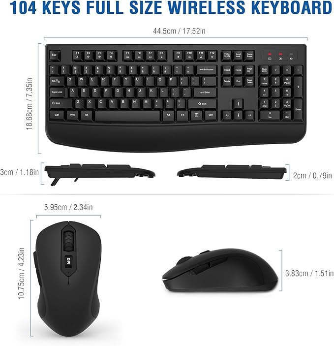 Wireless Keyboard and Mouse Combo, EDJO 2.4G Full-Sized Ergonomic Computer Keyboard with Wrist Rest and 3 Level DPI Adjustable Wireless Mouse for Windows, Mac OS Desktop/Laptop/PC