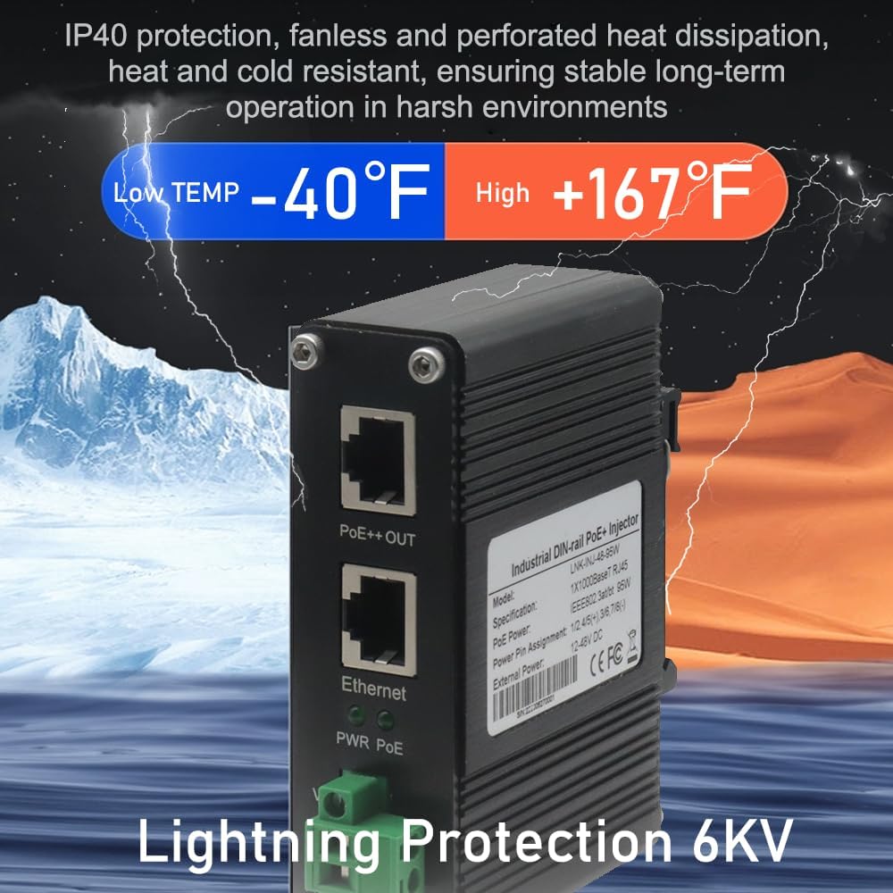 Industrial PoE++ Gigabit Injector 12-48VDC Input - Din Rail/Wall Mount,IEEE 802.3 at,Outdoor Rated Networking Power Supply 95W Ethernet Over Power for Industrial Devices and Camera