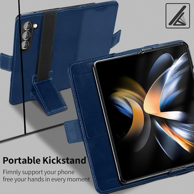KEZiHOME for Samsung Galaxy Z Fold 6 Case, Genuine Leather Galaxy Z Fold6 Wallet Case [RFID Blocking] with Card Holder Stand Folio Protective Phone Cover Compatible with Samsung Z Fold 6 5G (Blue)