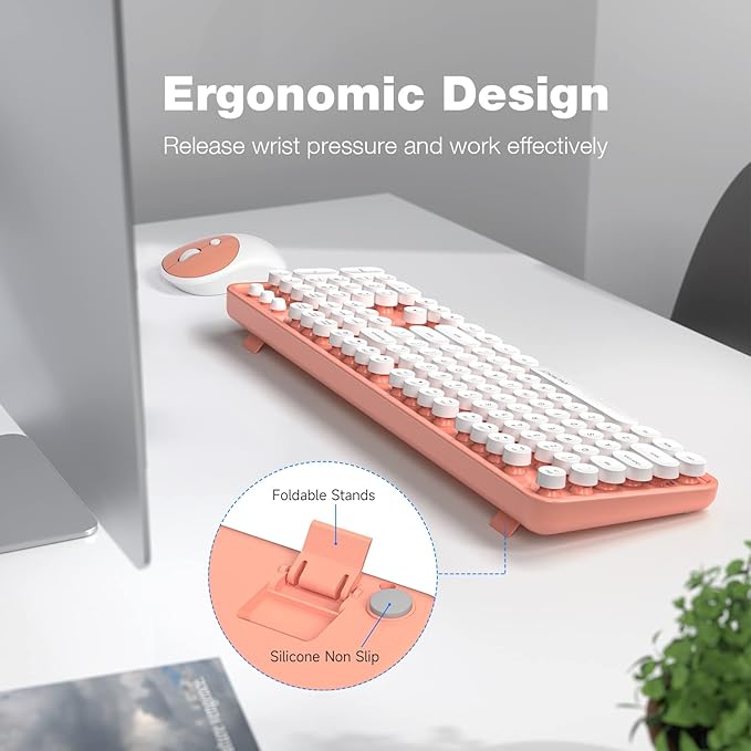 KNOWSQT Wireless Keyboard and Mouse Combo - White-Orange Full-Sized 2.4 GHz 104 Keys Typewriter Cute Keyboard, Round Keycap and Optical Mouse for Windows, Computer, PC, Laptop, Desktop