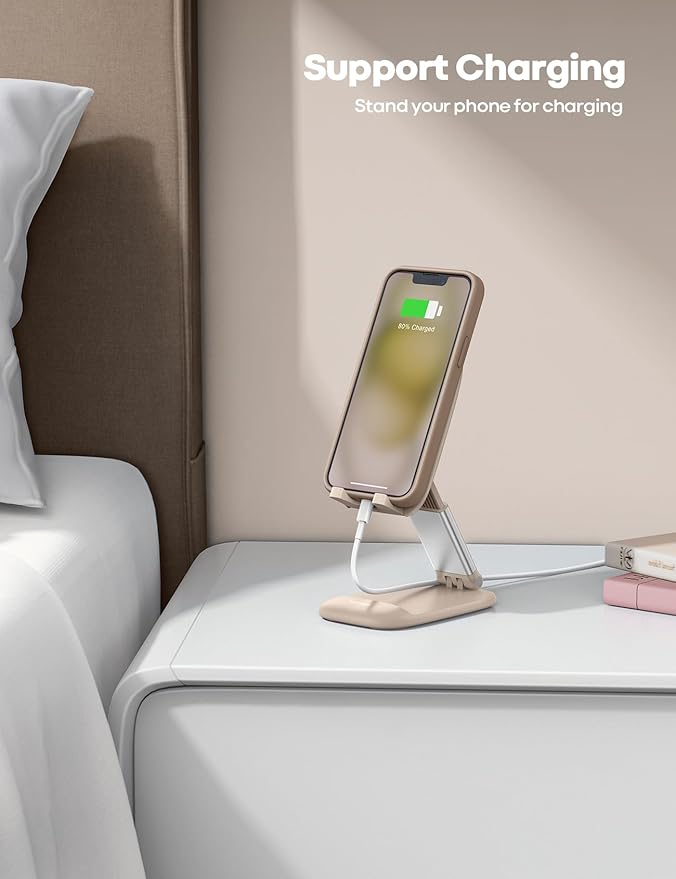 Lamicall Khaki Phone Stand for Desk - Cell Phone Holder Khaki Desk Accessories Desktop Office Must Have Compatible with iPhone, 4-8'' Smartphone