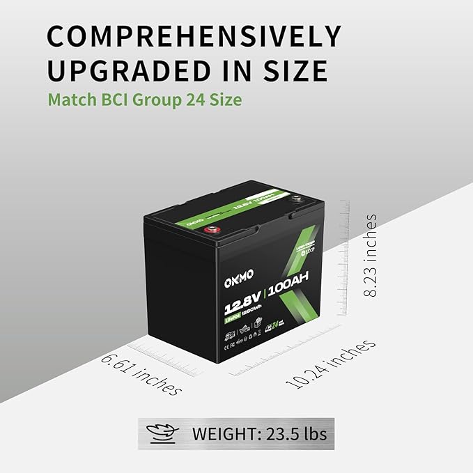 OKMO 12V 100Ah LiFePO4 Battery,Group 24 Lithium Battery 100A BMS，10 Years Lifetime 15000+ Deep Cycles,for Marine, RV, Trolling Motor, Boat, Camper, Solar Home Storage Iron Phosphate Battery