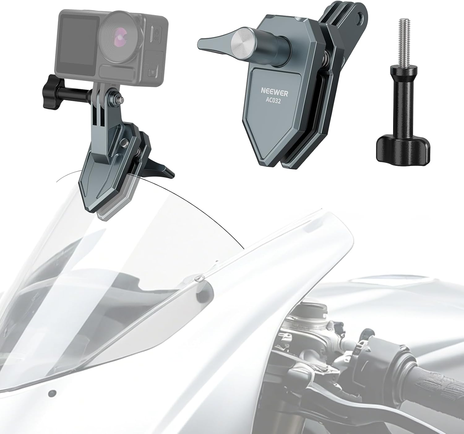 NEEWER Motorcycle Windshield Action Camera Clamp Mount, Aluminum Alloy Clip with 3 Prong Adapter & 1/4" Screw Hole Compatible with GoPro Hero 13 12 DJI Adapters for POV Video Recording, AC032