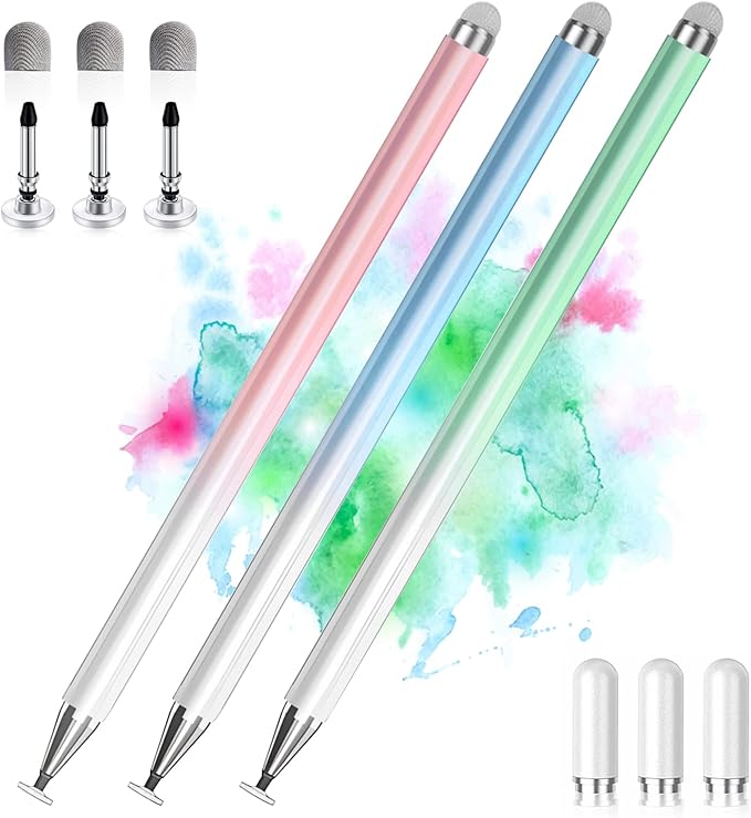 Stylus Pens for Touch Screens, 2 in 1 High Precision Universal Stylus Pen for iPad Compatible with Apple, iPhone, iPad, Android, Samsung Tablets, Phones, 3 Pack -Blue, Green, Pink