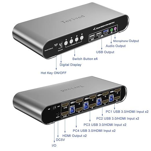 4 Computers 2 Monitors USB 3.0 HDMI KVM Switch 4K@60Hz with Hotkey Switching, Automatic Switching 4 Port Dual Monitor, Aluminum, Digital Display, USB 3.0 Audio/Mic, EDID, HDR10 with Cables