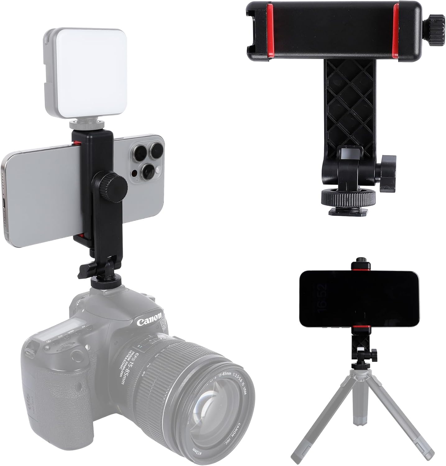 Phone Tripod Mount Adapter, with Cold Shoe&1/4" Hole for Tripod/Selfie Stick/Camera Stand, 360° Rotates Adjustable Phone Clip Clamp Holder for iPhone/Samsung/All