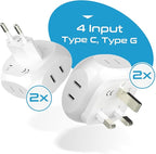 Ceptics Europe Travel Adapter Plug Set Schuko - 4 Input - Ultra Compact - Light Weight Type C, Type G - USA to Any Type C, G Countries UK, Ireland, Germany, France - 4 Pack (PT-9C-7-4PK),White