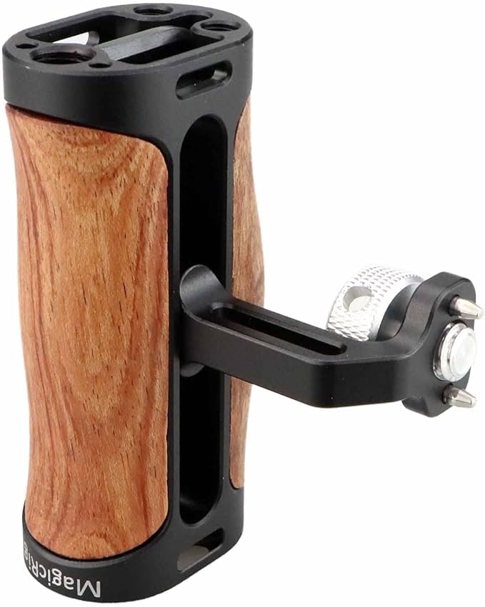 Locating Side Handle for ARRI Mount, Left/Right Mini Wooden Handgrip for DSLR Camera Cage, with Cold Shoe 1/4"-20 and 3/8"-16 ARRI Locating Threads, Up and Down Adjustable