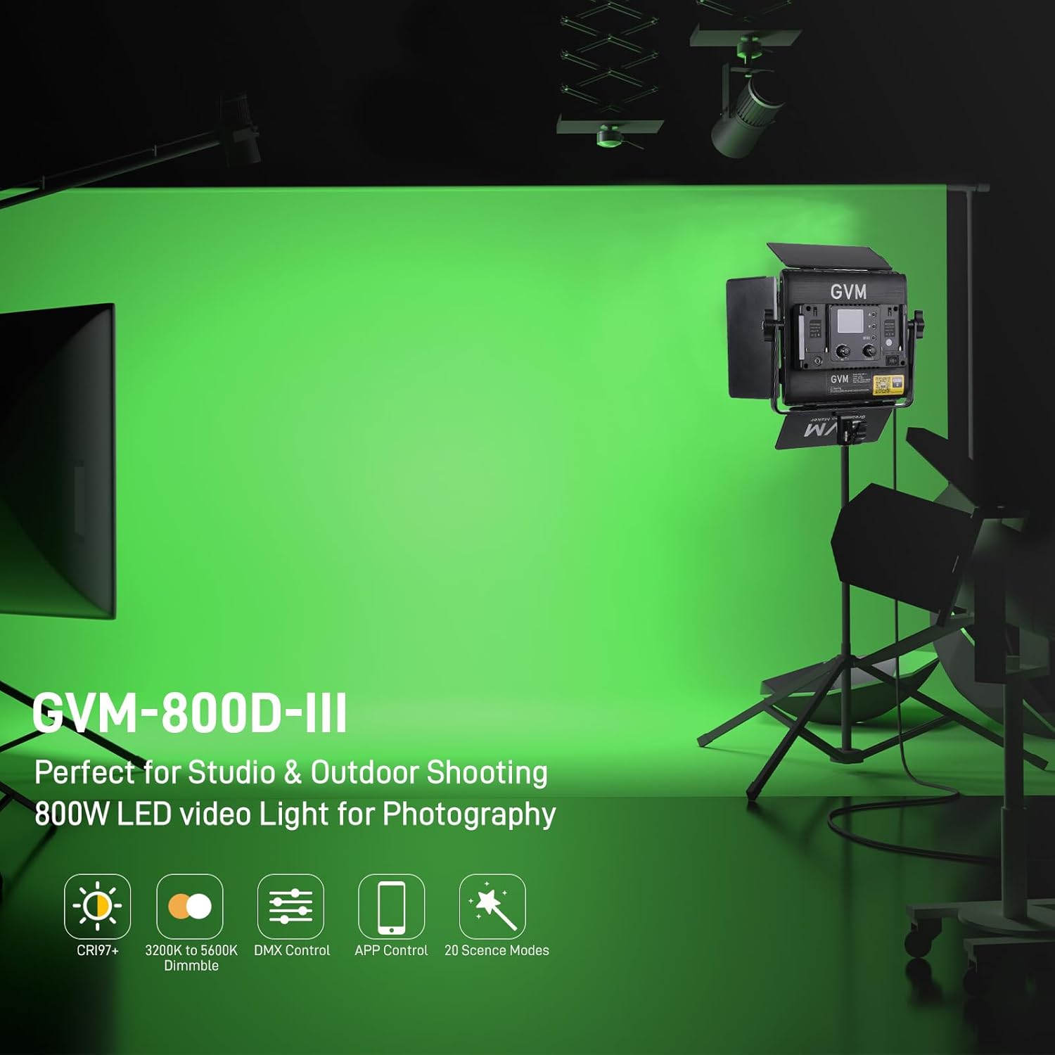 GVM 800D RGB LED Video Light, 2026 Upgraded Panel Light with Optical Len & 6X Brighter (19500 Lux/0.5m), 3200K-5600K Bi-Color, 20 Scene Modes & CRI97+, Studio Lights, Photography Lighting, 1-Pack