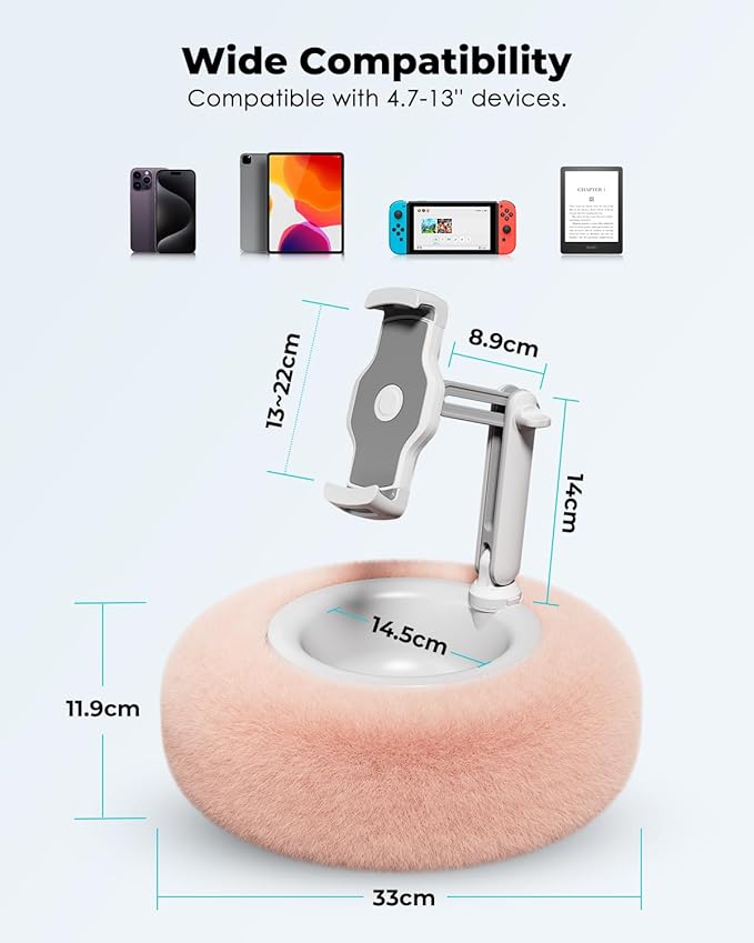 Viozon Tablet Stand Pillow, Compatible with 4.7"-13" Phone/Tablet, iPad, iPhone, Samsung, Google, Kindle, 360°Adjustable Phone Holder for Bed with Soft Plush Fabric, and Detachable Bowl, Pink