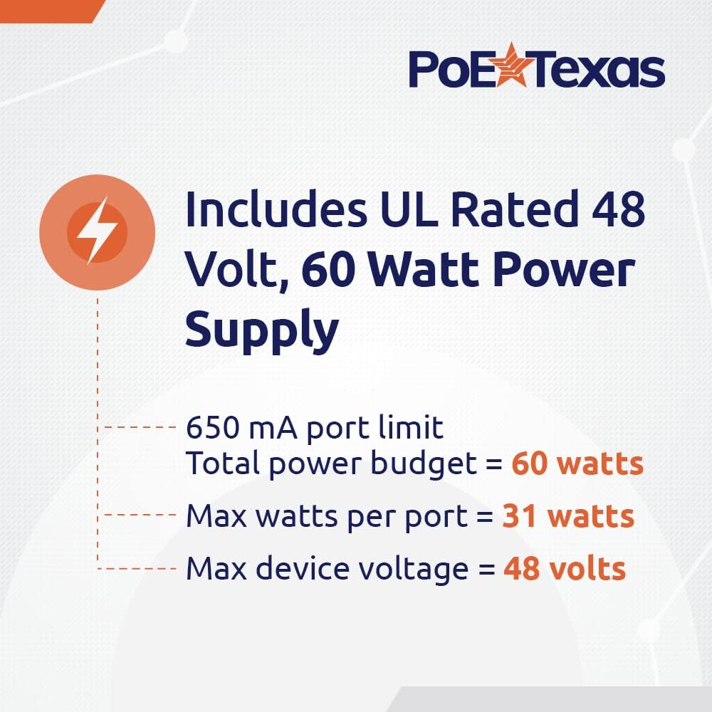 PoE Texas 8 Port Injector - 10/100 Passive Power Over Ethernet With 48V 60W UL Power Supply - 802.3af for VoIP Phones, WiFi Access Points, IP Cameras - Add to A Non-PoE Switch