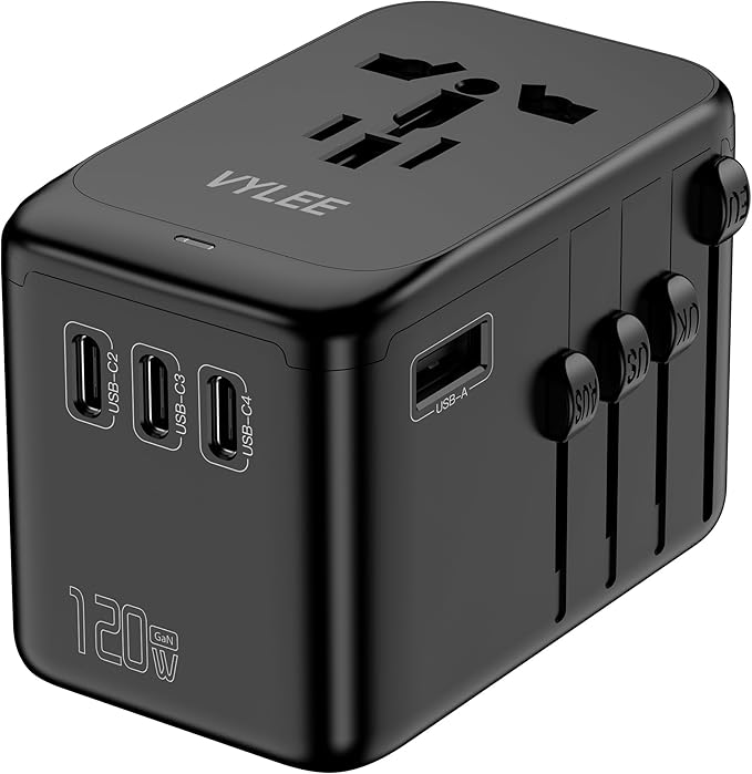 120W Universal Travel Adapter, GaN III International Power Adapter, 4 USB-C 1 USB-A Ports, AC Outlet, Worldwide US/UK/EU/AU Travel Charger for Cameras Laptops Tablets Phones and More