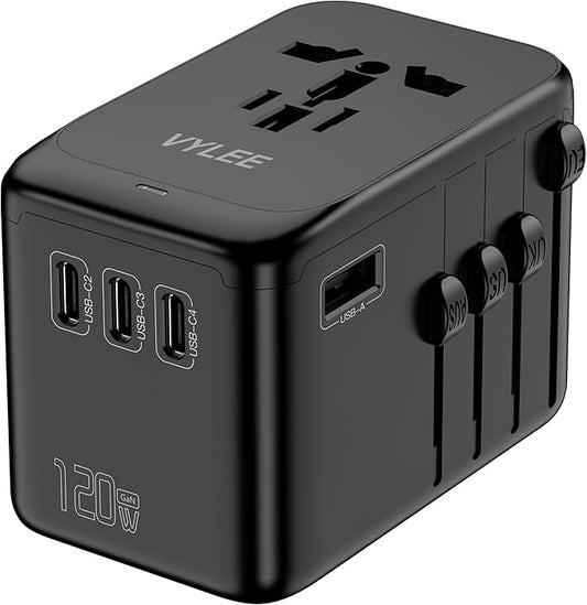 120W Universal Travel Adapter, GaN III International Power Adapter, 4 USB-C 1 USB-A Ports, AC Outlet, Worldwide US/UK/EU/AU Travel Charger for Cameras Laptops Tablets Phones and More