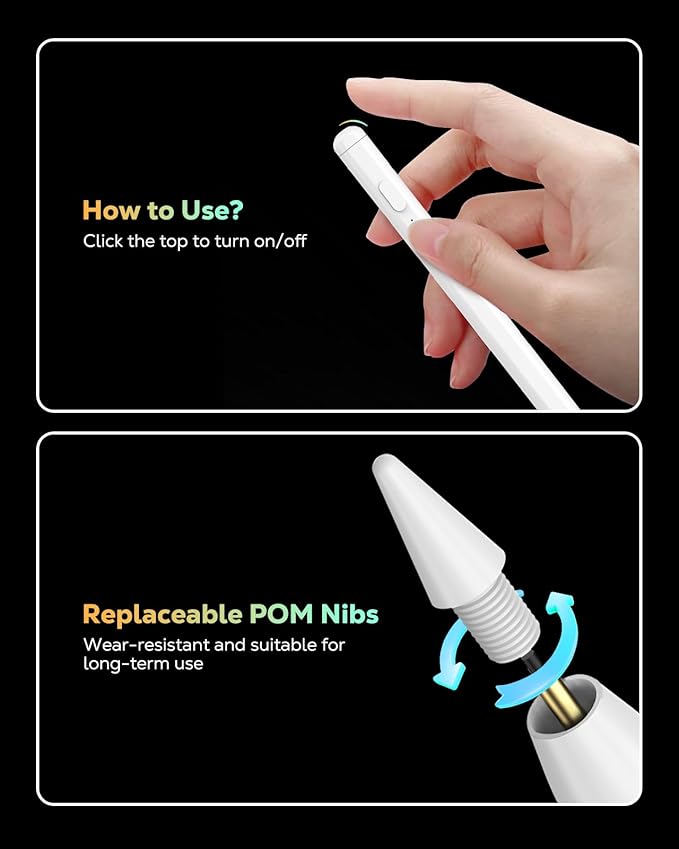 MoKo Pencil for iPad (A16) 11th 10th Gen, Stylus Pen for 2018-2025 Apple iPad 11/10/9/8/7/6/A16, Mini 7/6/5, Air M3/M2 11"/13"/5/4/3, Pro M4 13"/12.9"/11" Tilt Sensitivity, USB-C Fast Charging,White