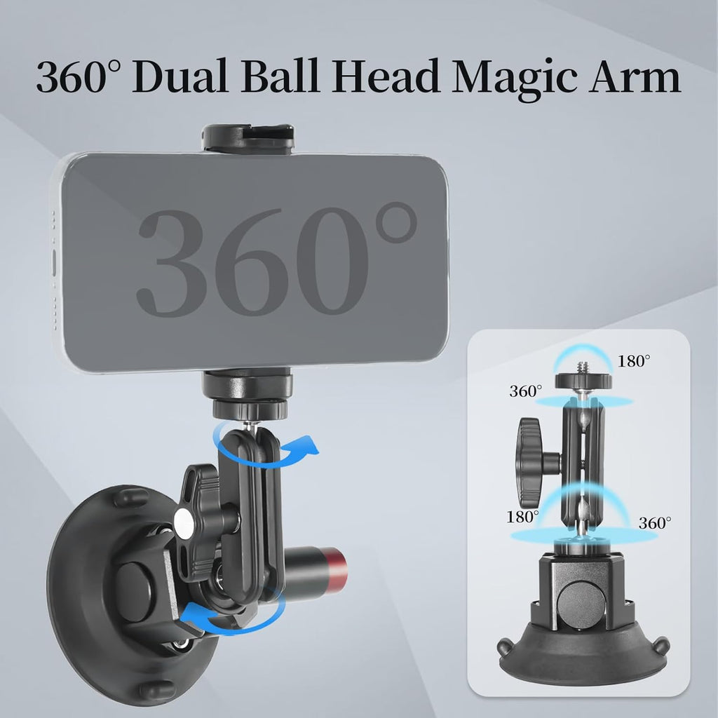 FIFIELD 3inch Suction Cup Camera Mount with Ball Head Magic Arm, 1/4" ARRI Holes, Quick Release Car Mount with Phone Holder & Action Camera Adapter Compatible with DJI OSMO Pocket 3 Insta360 iPhone