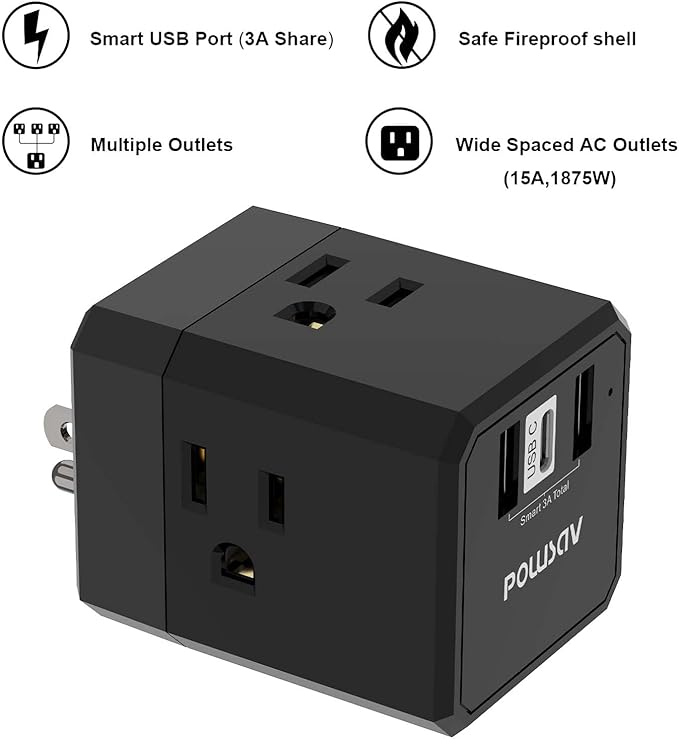 Cruise Ship Essentials, 3-Side Outlet Splitter with 3 USB Ports(1 USB C) USB Wall Charger, Outlet Extender for Home, Office and Cruise, ETL Listed, Black