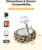 Kindle Pillow Stand with Leopard Print – Soft Tablet Holder with Snack Bowl & Cup Holder, Fuzzy Hands-Free Stand for Bed, Couch, Compatible with Kindle, iPad, Phones (Leopard)