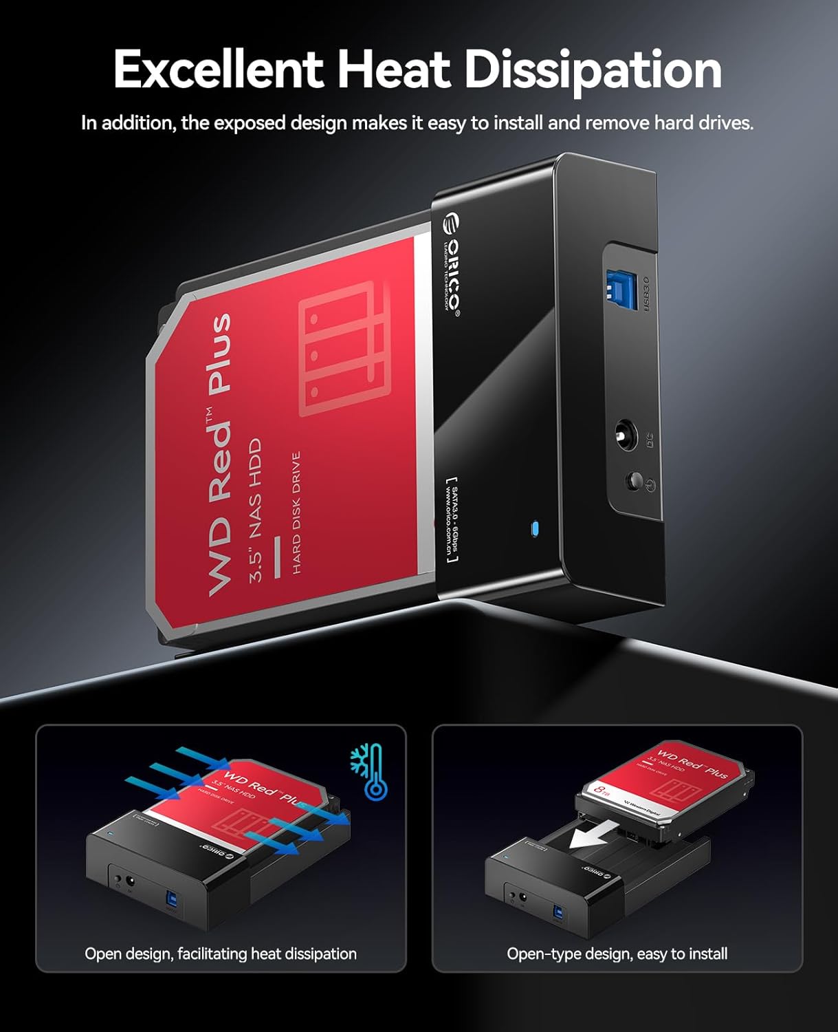 ORICO External USB 3.0 to SATA Hard Drive Lay-Flat Docking Station for 2.5 or 3.5in HDD, SSD Up to 24TB [Support UASP]