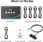 eKL USB 3.0 Switch 4 Computers Sharing USB Peripherals, 4 Port USB Switcher Sharing Mouse Keyboard Scanner Printer, with 3.5mm Headset Jack Audio Out, Includes 4 USB 3.0 Cables and Remote