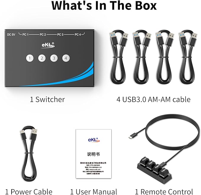 eKL USB 3.0 Switch 4 Computers Sharing USB Peripherals, 4 Port USB Switcher Sharing Mouse Keyboard Scanner Printer, with 3.5mm Headset Jack Audio Out, Includes 4 USB 3.0 Cables and Remote