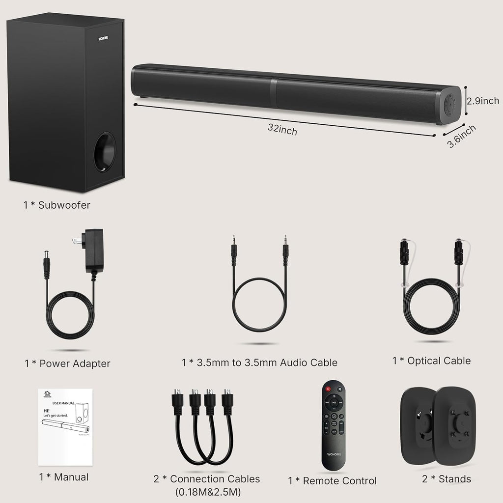Wohome 2 in 1 Detachable Sound bar with Subwoofers, 4.1 Channel Bluetooth Sound Bar for Smart TV, Home Theater Surround Sound System, Optical, AUX, USB Input, Bass Adjust, Remote/Button Control