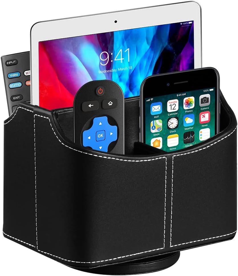 Leather 360° Spinning Remote Control Holder, Pencil Pen Holder for Desk Table Nightstand, TV Remote Caddy Organizer, Black Office Decor and Accessories, Storage Box for Phone,Media Player Controllers