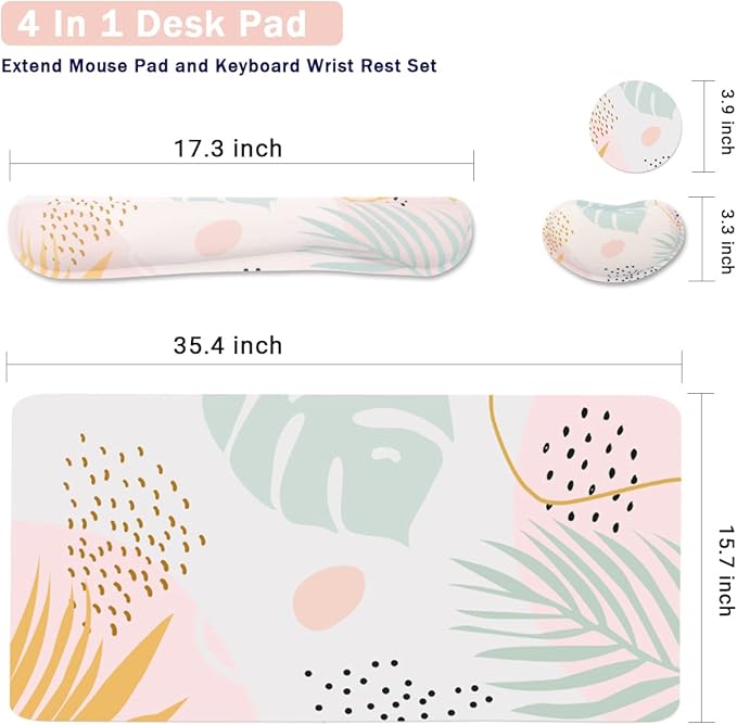 Keyboard Mouse Pad Set, Extended Mouse Pad+Keyboard Wrist Rest Support, Memory Foam Ergonomic Easy Typing, 3Pcs (35.4×15.7 in) Desk Pad Set for Home Office Study Game-Plant