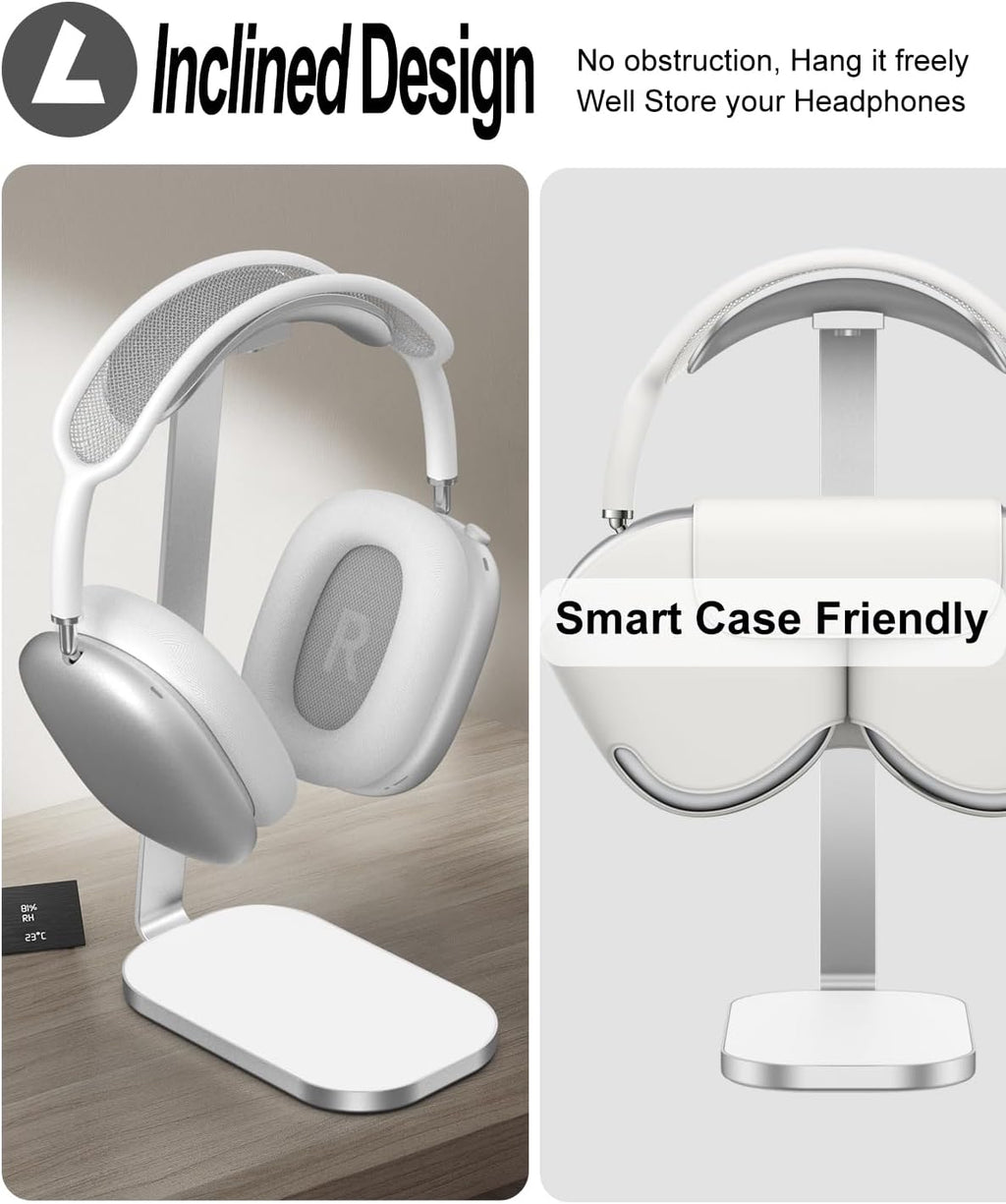 VICHYIE Headphone Stand for AirPods Max, Headset Holder with Aluminum Supporting Rod, Heavy Base Desk Stand Headphones Support Accessory for All Headphones - Silver White