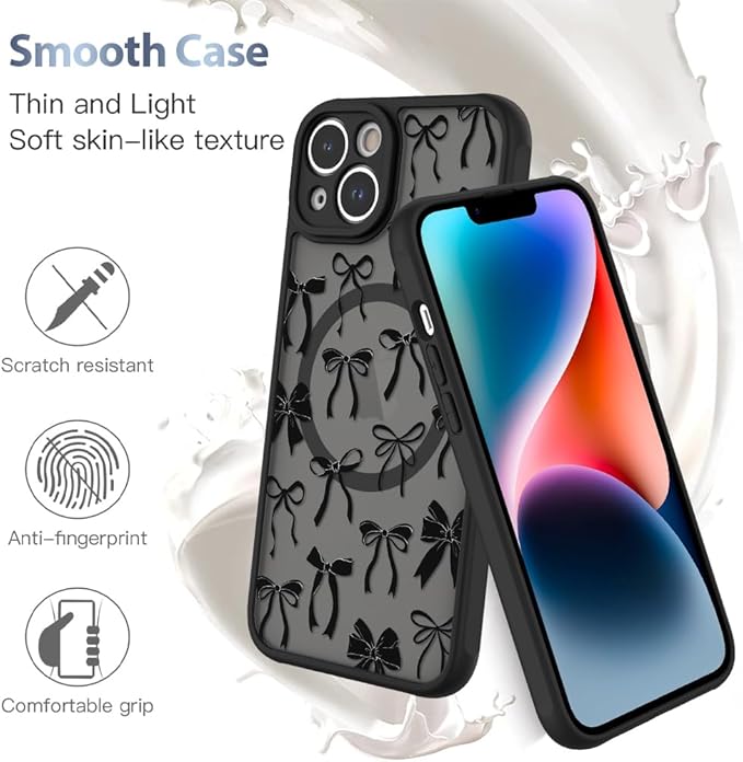 AIGOMARA Case for iPhone 14 [Compatible with MagSafe] Black Ribbon Bow Pattern Design Soft TPU Bumper Hard PC Back Anti-Fall Shockproof Protective Slim Magnetic Cover for Women Girls