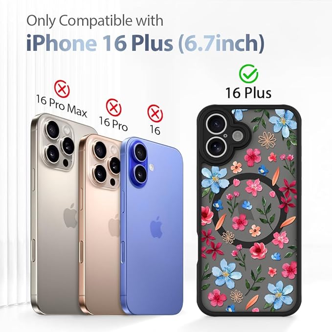 AIGOMARA Magnetic Case for iPhone 16 Plus [Compatible with MagSafe] Cute Pink Blue Flower Floral Pattern Soft TPU Bumper Hard PC Back Anti-Fall Shockproof Protective Slim Cover for Women Girls