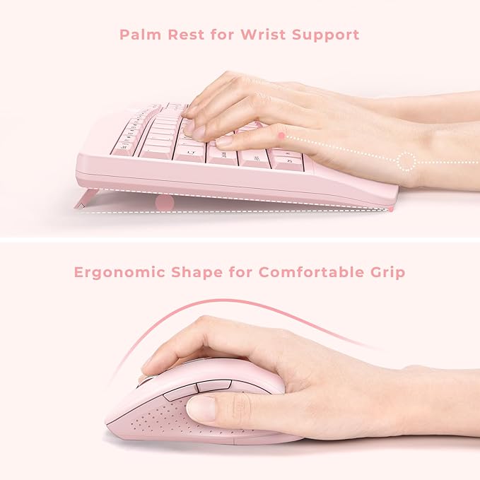 Wireless Keyboard and Mouse - Full Size Ergonomic Keyboard with Palm Wrist Rest Ergonomic Mouse Cordless for Windows Computers Laptops - Light Pink (Upgrade)