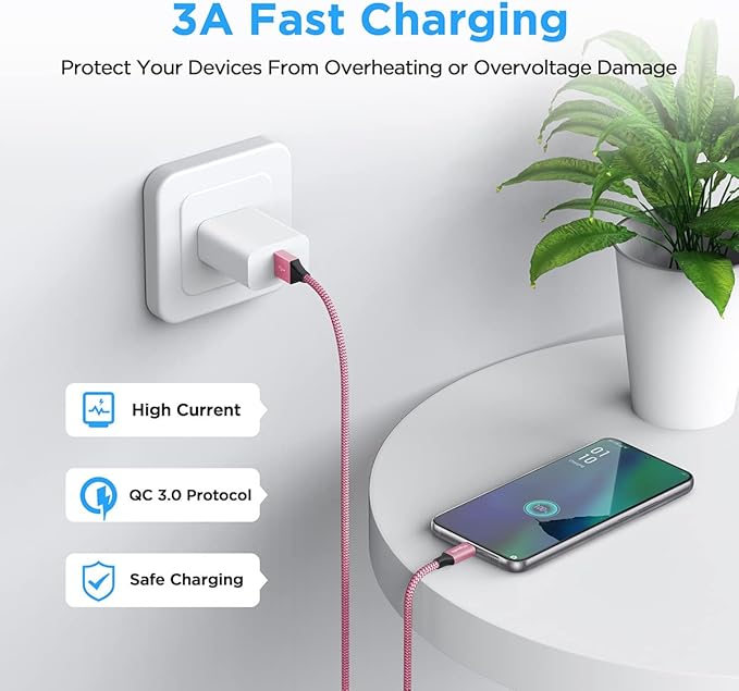 etguuds 6ft USB A to USB C Cable 3A Fast Charging, 2-Pack USB A to USB Type C Charger Cord for iPhone 16 15 Pro/Pro Max/Plus, for Samsung Galaxy S24 S23 S22 S21 S20 S10 A55 A54 Flip Note, Moto, Pink