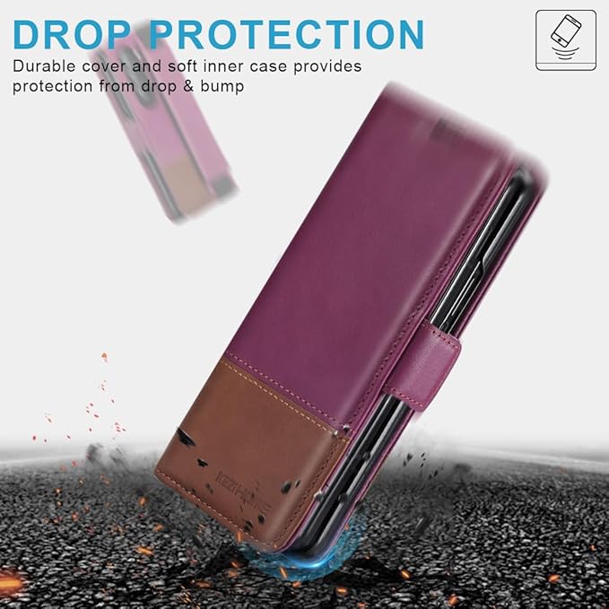 KEZiHOME for Samsung Galaxy Z Fold 6 Case, Genuine Leather Wallet Case [RFID Blocking] with Card Holder Stand Folio Protective Phone Cover Compatible with Galaxy Z Fold 6 5G (Purple/Brown)