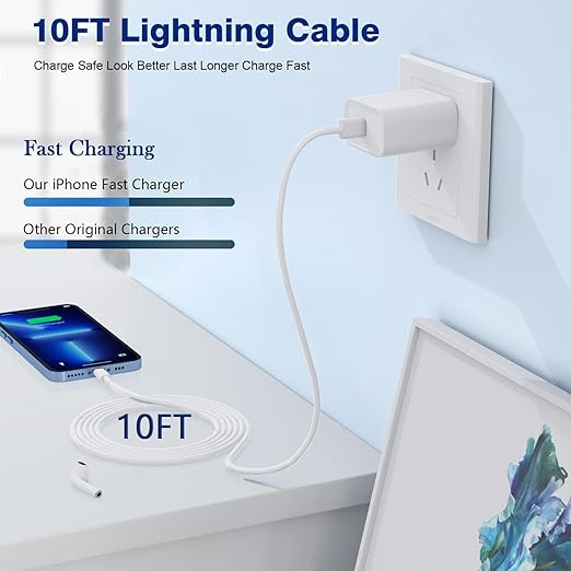 10FT iPhone Fast Charger,[Apple MFi Certified] 3Pack USB C Charger Block with 10 Foot Long Type C to Lightning Cable Cord Adapter Block Compatible with iPhone 14 Pro Max/14 Plus/13/12Mini/11/XS/X/iPad