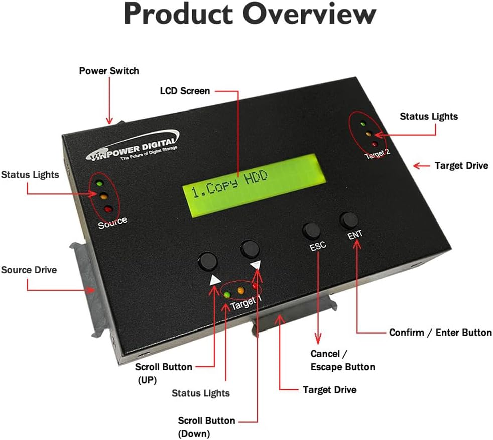 Vinpower 1 to 2 SATA 2.5" & 3.5" Hard Disk Drive/Solid State Drive (HDD/SSD) Clone Duplicator and DOD Level Eraser