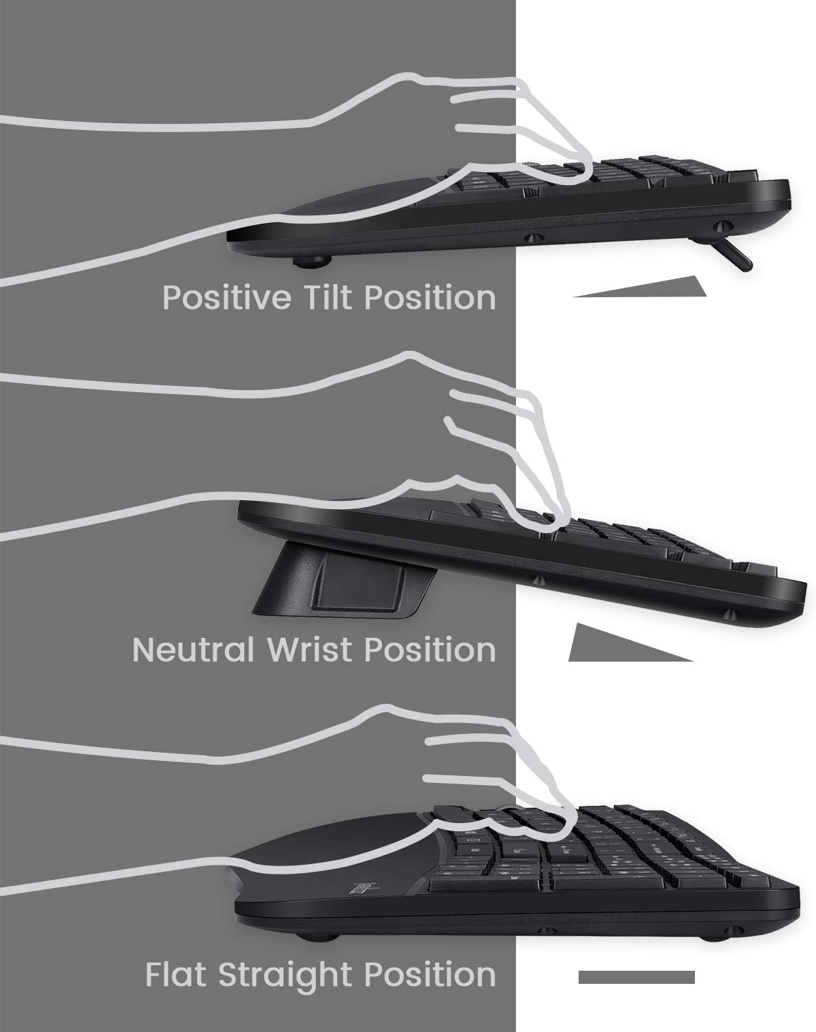 Perixx Periduo-605, Wireless Ergonomic Split Keyboard and Vertical Mouse Combo, Adjustable Palm Rest and Membrane Low Profile Keys, Black, US English Layout (11633)