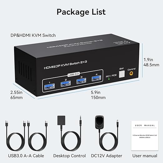 8K HDMI 2 Displayport KVM Switch 3 Monitors 2 Computers DP 1.4 8K 60Hz 4K 120Hz Display Port for Two PC Share Triple Monitor and 4 USB 3.0 Peripherals Support Extended and Duplicate Mode