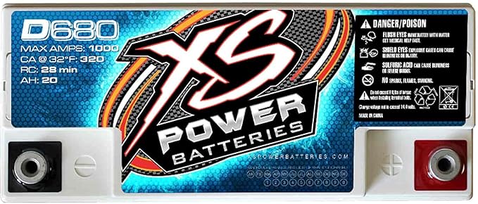 XS Power D680 1000 Amp AGM Battery with M6 Terminal Hardware - 12 Volt 20Ah 370CA Deep Cycle AGM Battery for Car Audio Stereo Systems - 13.69 lbs, Maintenance Free, Sealed Powercell