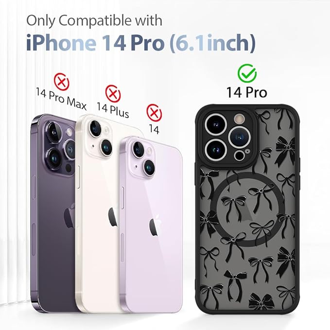 AIGOMARA Case for iPhone 14 Pro [Compatible with MagSafe] Black Ribbon Bow Pattern Design Soft TPU Bumper Hard PC Back Anti-Fall Shockproof Protective Slim Magnetic Cover for Women Girls