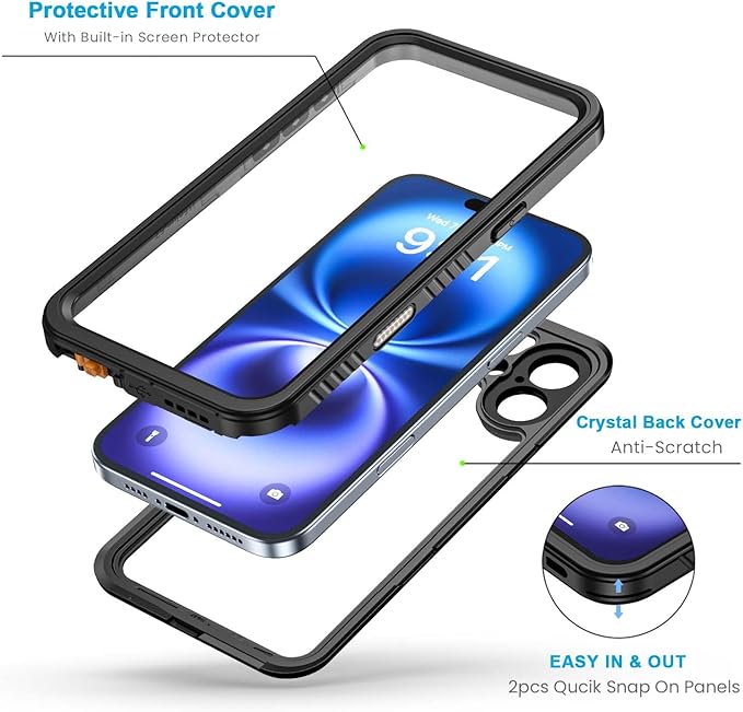 Lanhiem for iPhone 16 Case, IP68 Waterproof Dustproof Shockproof Cases with Built-in Screen Protector, 360 Full Body Protective Heavy Duty Rugged Phone Cover for iPhone 16-6.1 inch (Black/Clear)