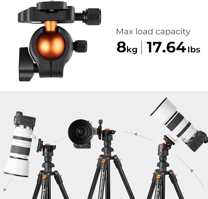 K&F Concept 64 inch/163cm Camera Tripod,Lightweight Travel Outdoor DSLR Tripods with 360 Degree Ball Head Load Capacity 8kg/17.6lbs,Cellphone Clip for Smartphone Live Streaming Vlog O234A1+BH-36