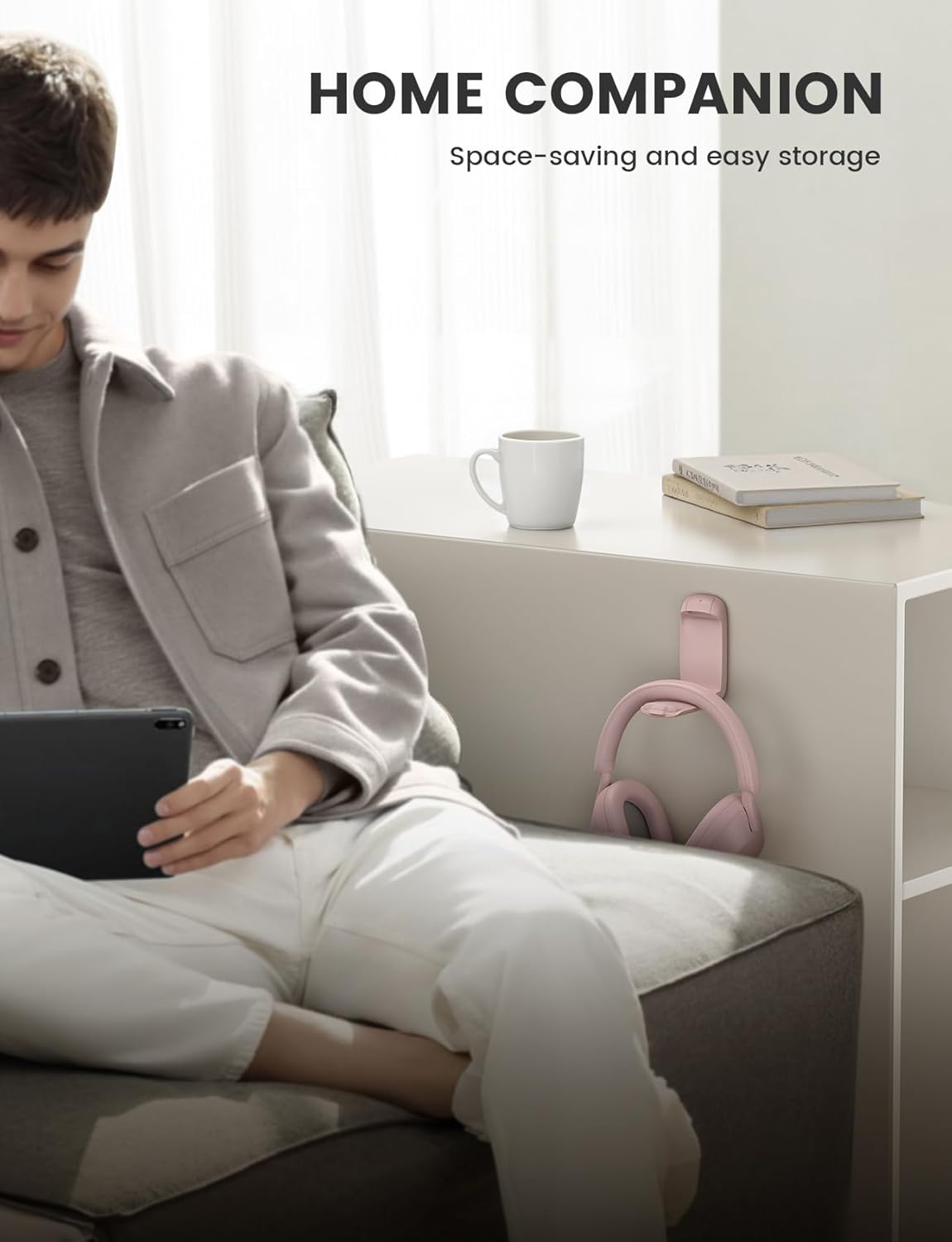 Lamicall Headphone Stand, Sticky Headset Holder - Foldable Headphone Holder Hook Mount, Adhesive Headset Hanger Clip Under Desk, Earphone Clamp for Airpods Max, HyperX, Sennheiser, Pink