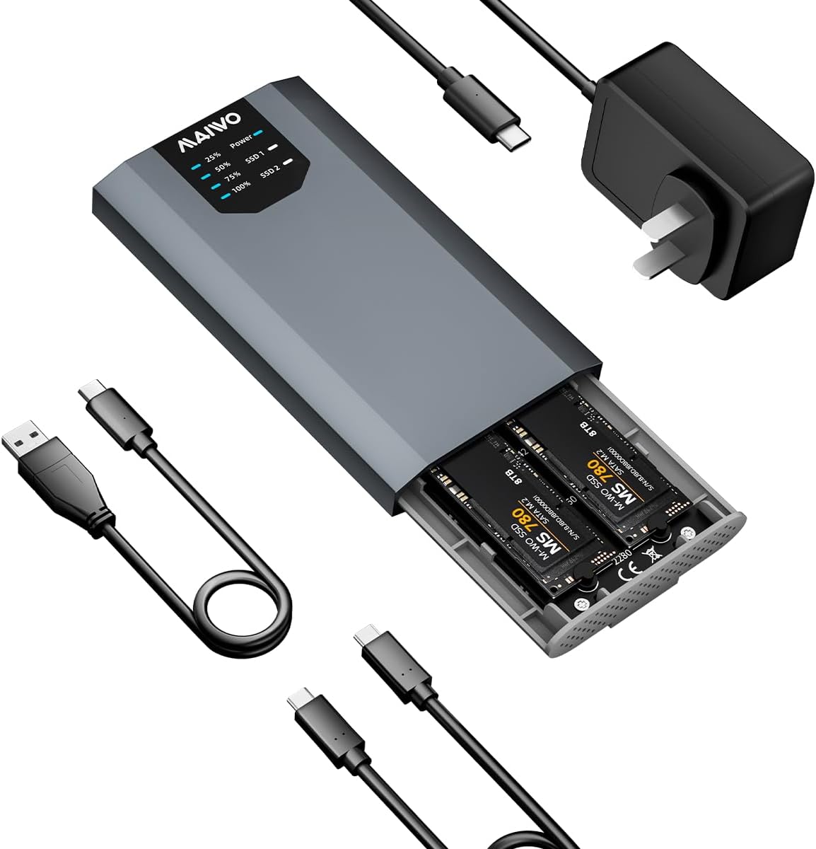 MAIWO Dual Bay M.2 SATA SSD Enclosure Cloner, USB3.1 Gen2 Type C 6Gbps B-Key/B+M Key Solid State Drive Reader for SSD Size 2230/2242/2260/2280