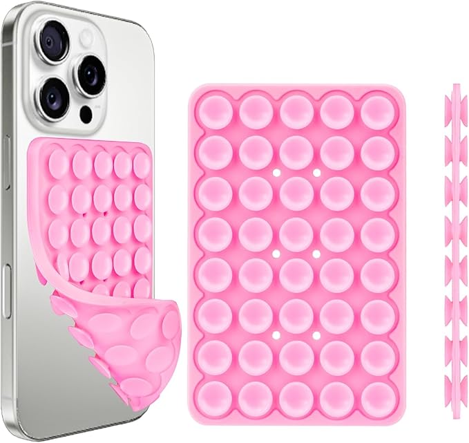 1 Pack Silicone Suction Cup Phone Case Mount Double Sided, Phone Accessories Hands-Free Strong Grip Holder for Selfies and Videos, Silicon Phone Stand Sticky for iPhone and Android Pink