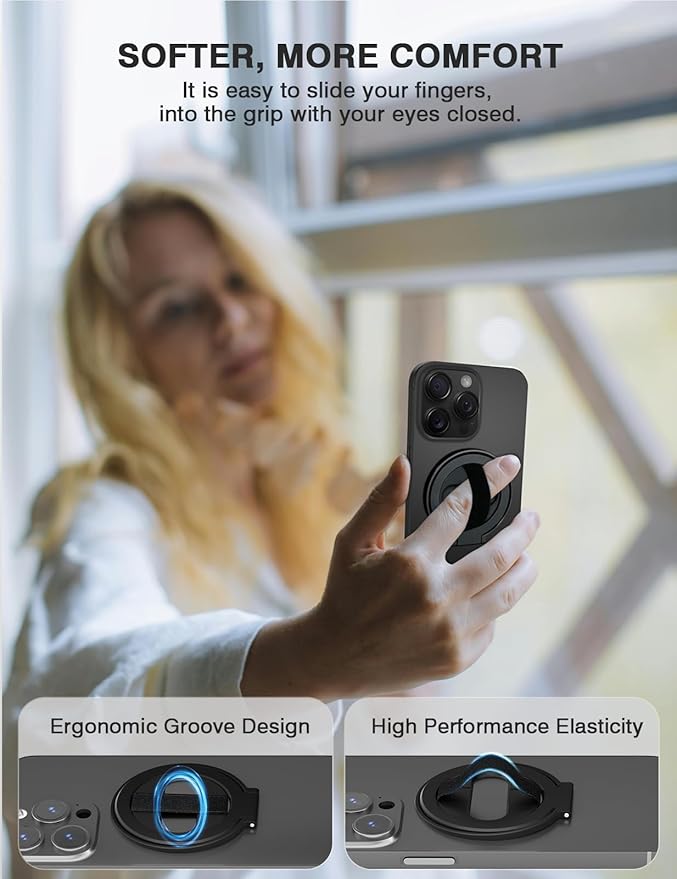 Grat 2 Magnetic Phone Grip Kickstand, [Elastic Finger Strap] Phone Loop Holder, Dual-Sided Magnet Ring Stand Compatible with Magsafe Series iPhone 16 15 14 13 12 Pro max, Black