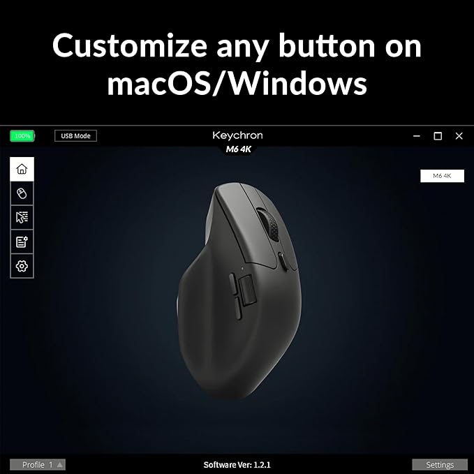Keychron M6 4000 Hz Wireless Bluetooth 5.1/2.4 GHz/Wired Optical Mouse, Lightweight 78g Programmable PixArt 3395 Sensor with up to 26K DPI/ 650 IPS for Windows Mac Linux - Black