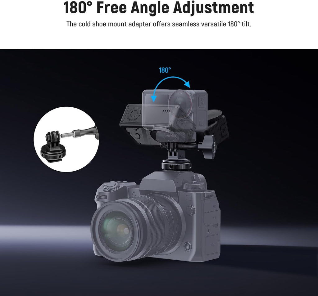 NEEWER Action Camera Cold Shoe Mount Adapter Compatible with GoPro Accessories Go Pro DJI Insta360 AKASO, Metal 1/4" Thread Hot Shoe Mount for Mini Tripod Selfie Stick, 180° Tilt, GP-63